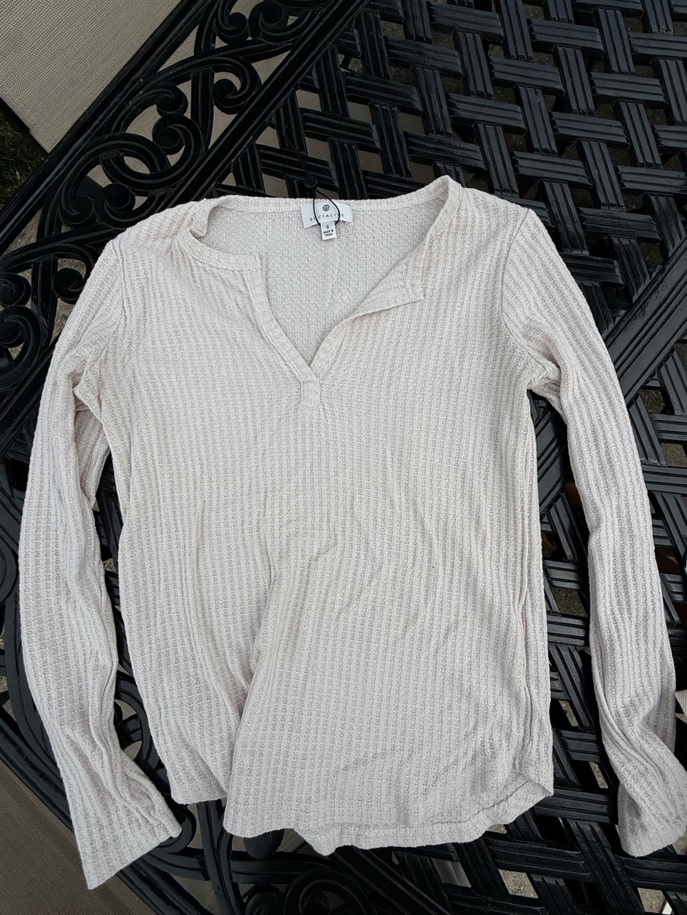 Cream Waffle Knit Long Sleeve Henley